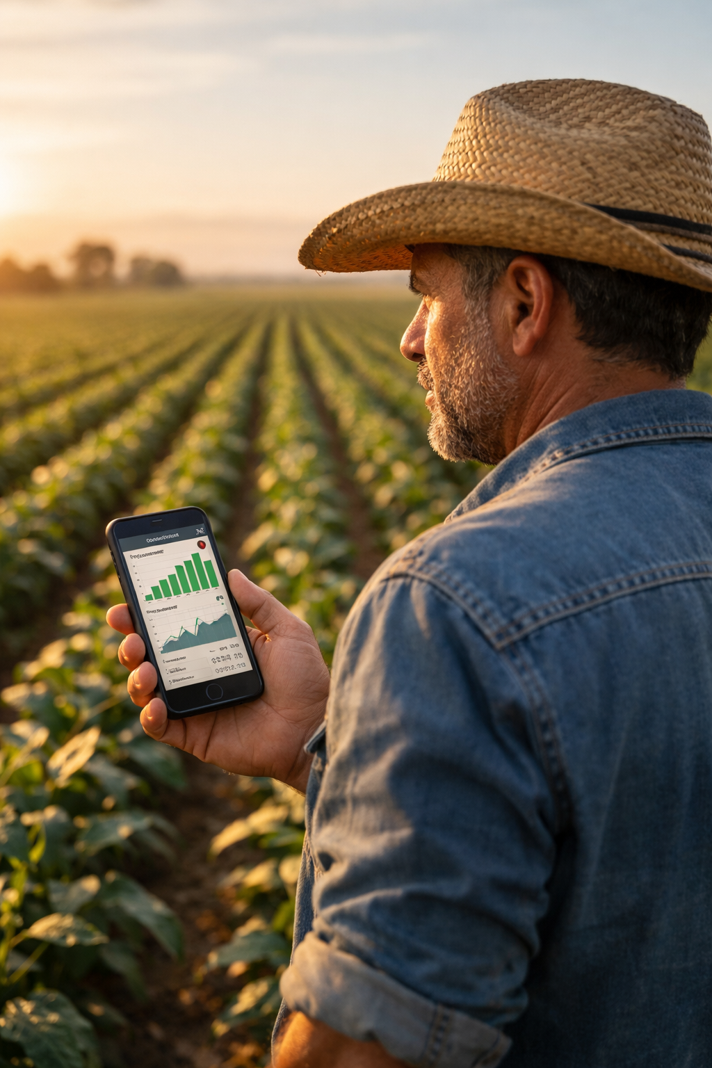 Produtor verificando dados na lavoura