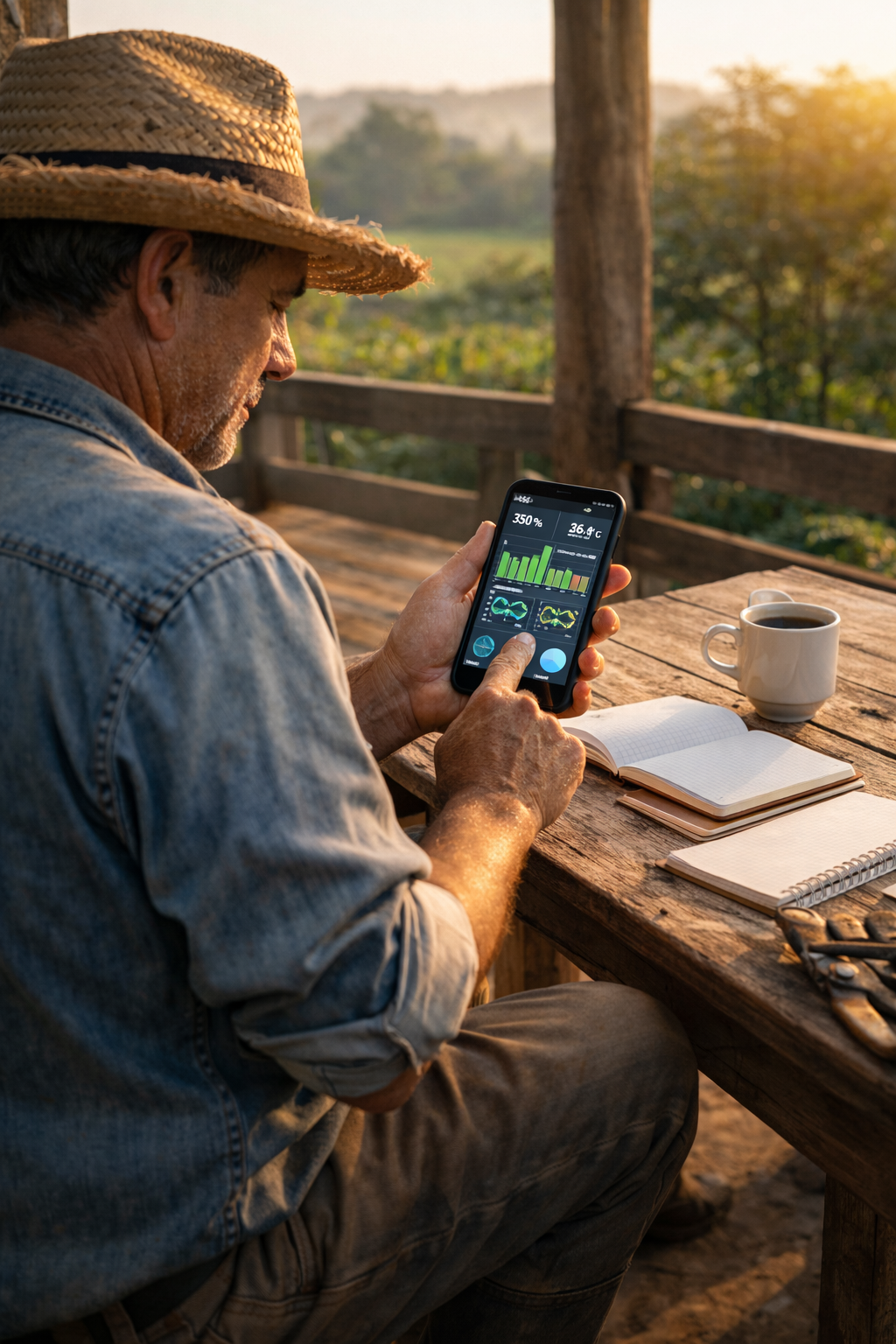 Produtor usando o sistema na varanda